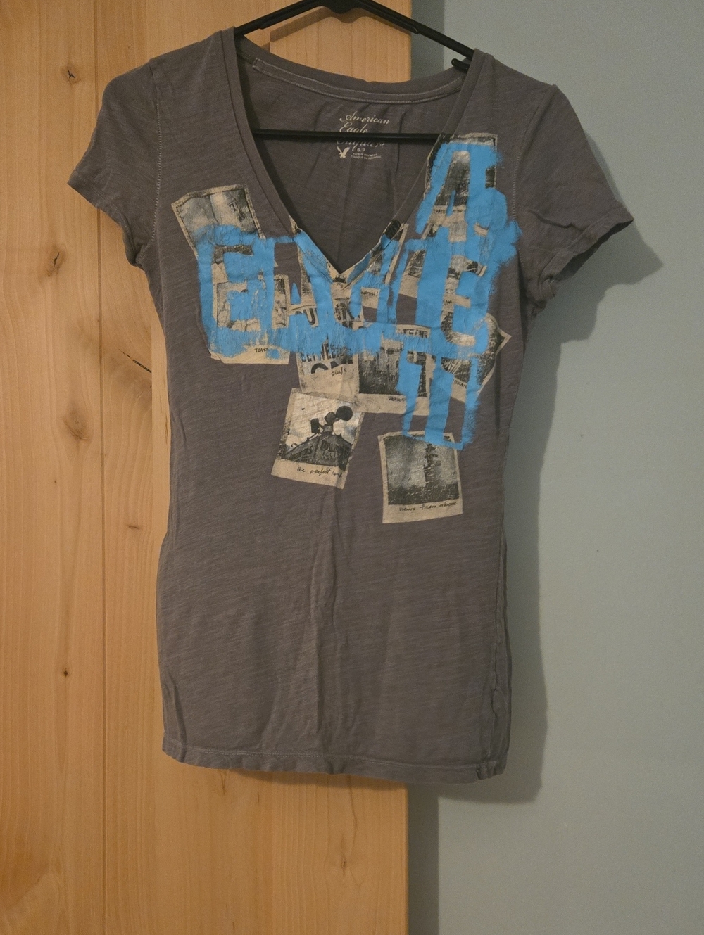 American Eagle Outfitters Gray V‑Neck Tee with Blue Graphic